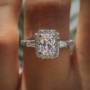 NEW 925 Silver Radiant Cut Diamond Halo Ring 14